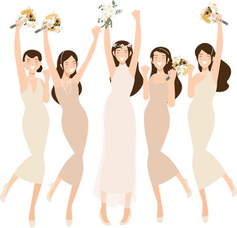 happy young bride and bridesmaid  party dance flat style